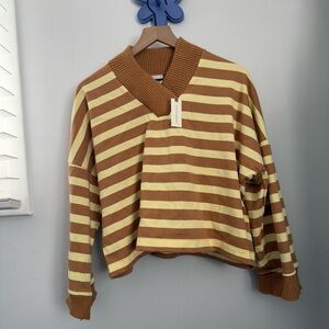 Anthropologie Maeve Medium NEW Boxy Oversized V Neck Crop Top Yellow Camel